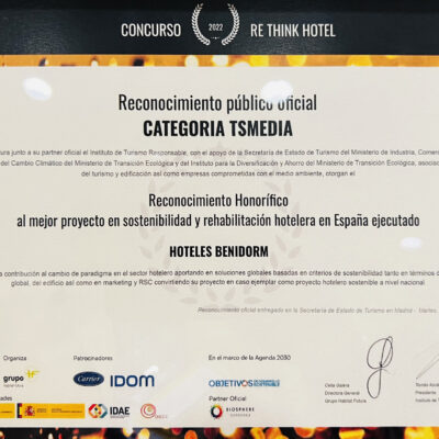 Premio Re Think Hotel en la categoría TSMEDIA al mejor proyecto en sostenibilidad y rehabilitación hotelera en España